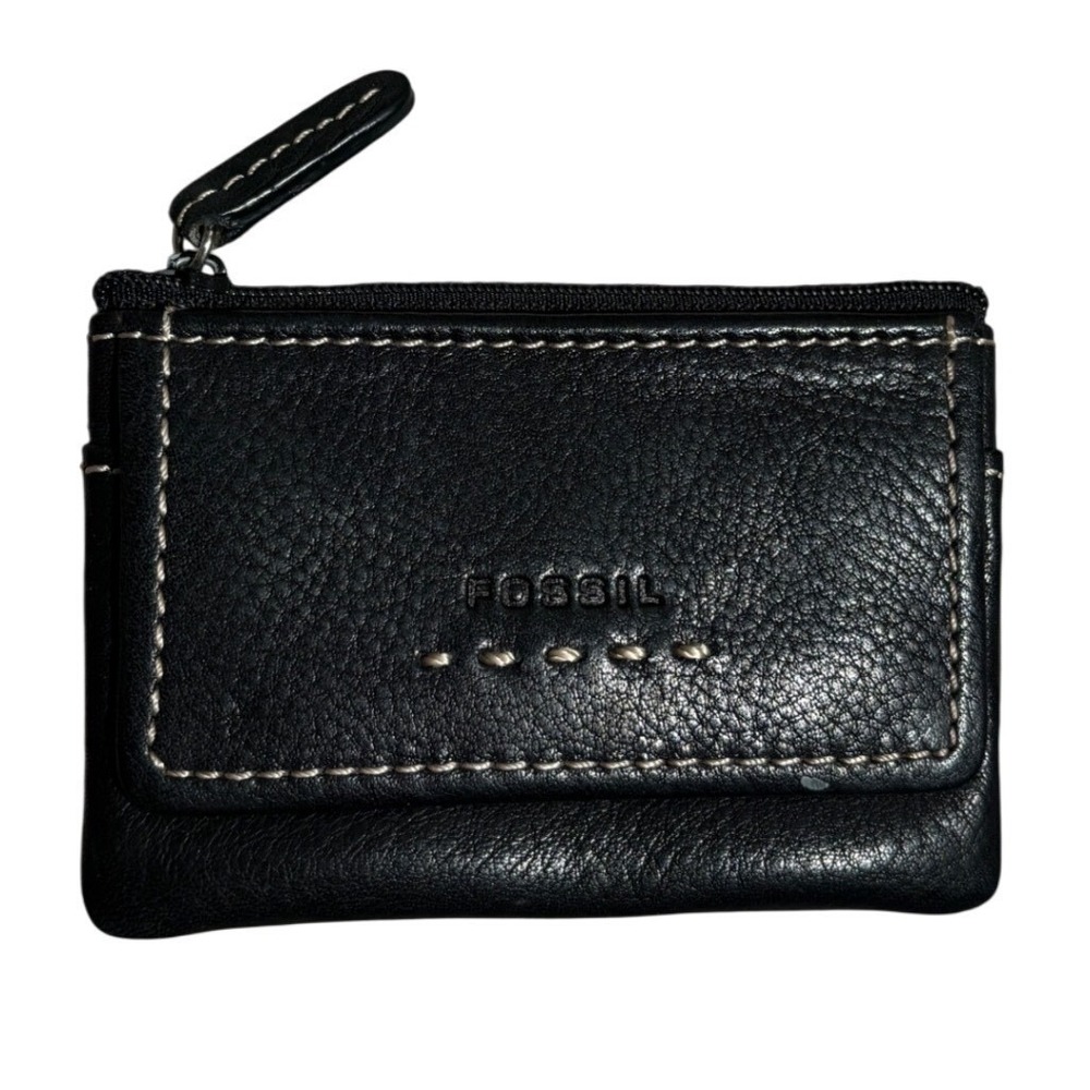 Fossil Black Leather Coin Pouch ID Holder Wallet with Key Ring Contrast Stitch